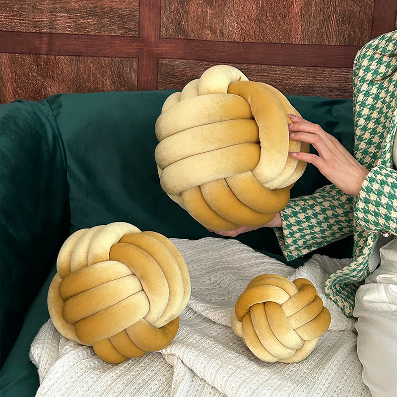Nordic ins hand-woven three-strand rope velvet knotted ball throw pillow, three-strand rope round cushion, bay window pad details Picture