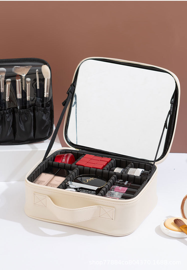 新款皮质化妆包大容量全屏大镜子便携化妆品收纳盒化妆箱旅行包详情17