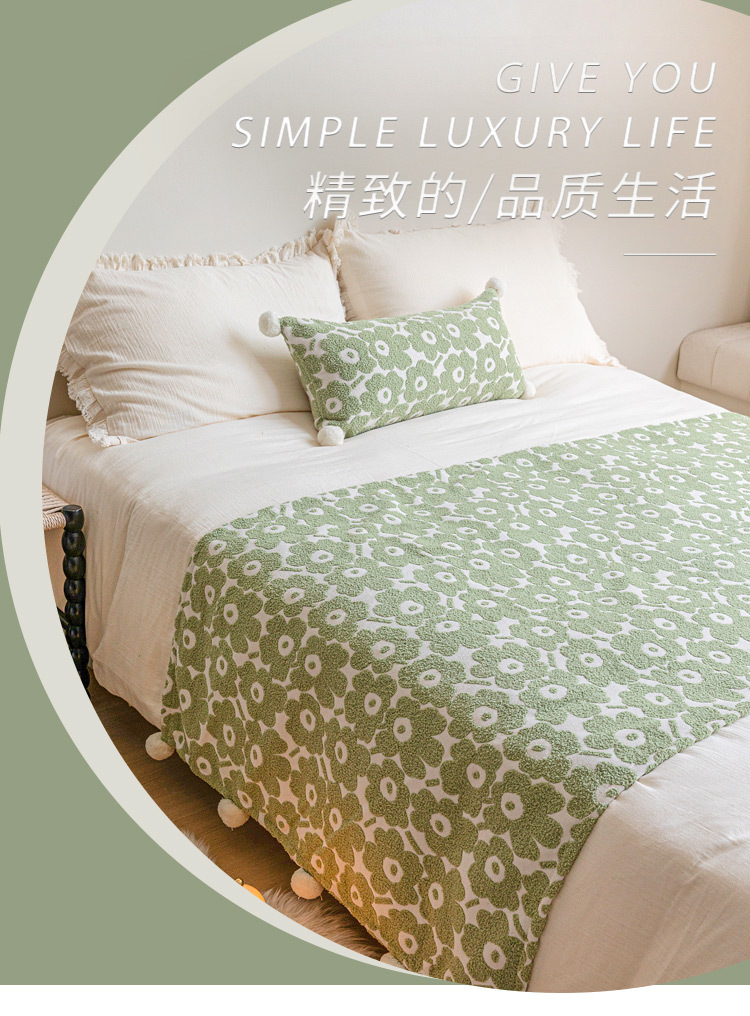 北欧ins风民宿软装床旗床尾巾嫩绿色花朵抱枕靠垫床尾毯沙发搭毯详情1