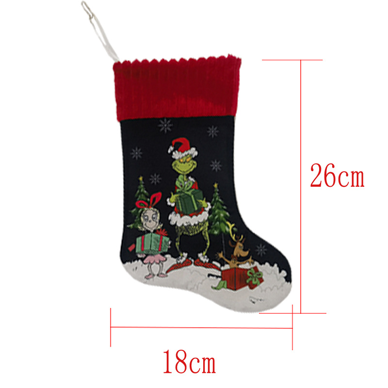 Christmas decorations: Grinch Christmas stockings, Green Monster candy bags, gift bags, Christmas tree skirts, chair covers, wine bottle covers Item Picture