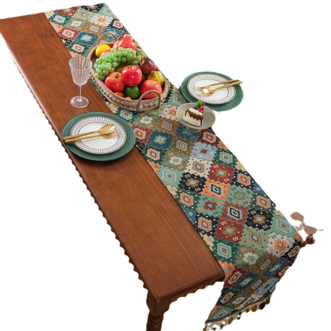 Yimanqi Yun table flags, retro colored jacquard diamond-shaped geometric tassels, tea flags and dining flags, long and thickened, factory direct supply Application Scenario