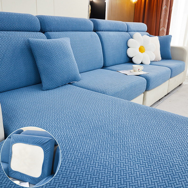 Cross-border solid color elastic all-inclusive solid color jacquard sofa hat, washable elastic thickened anti-slip sofa cushion cover details Picture