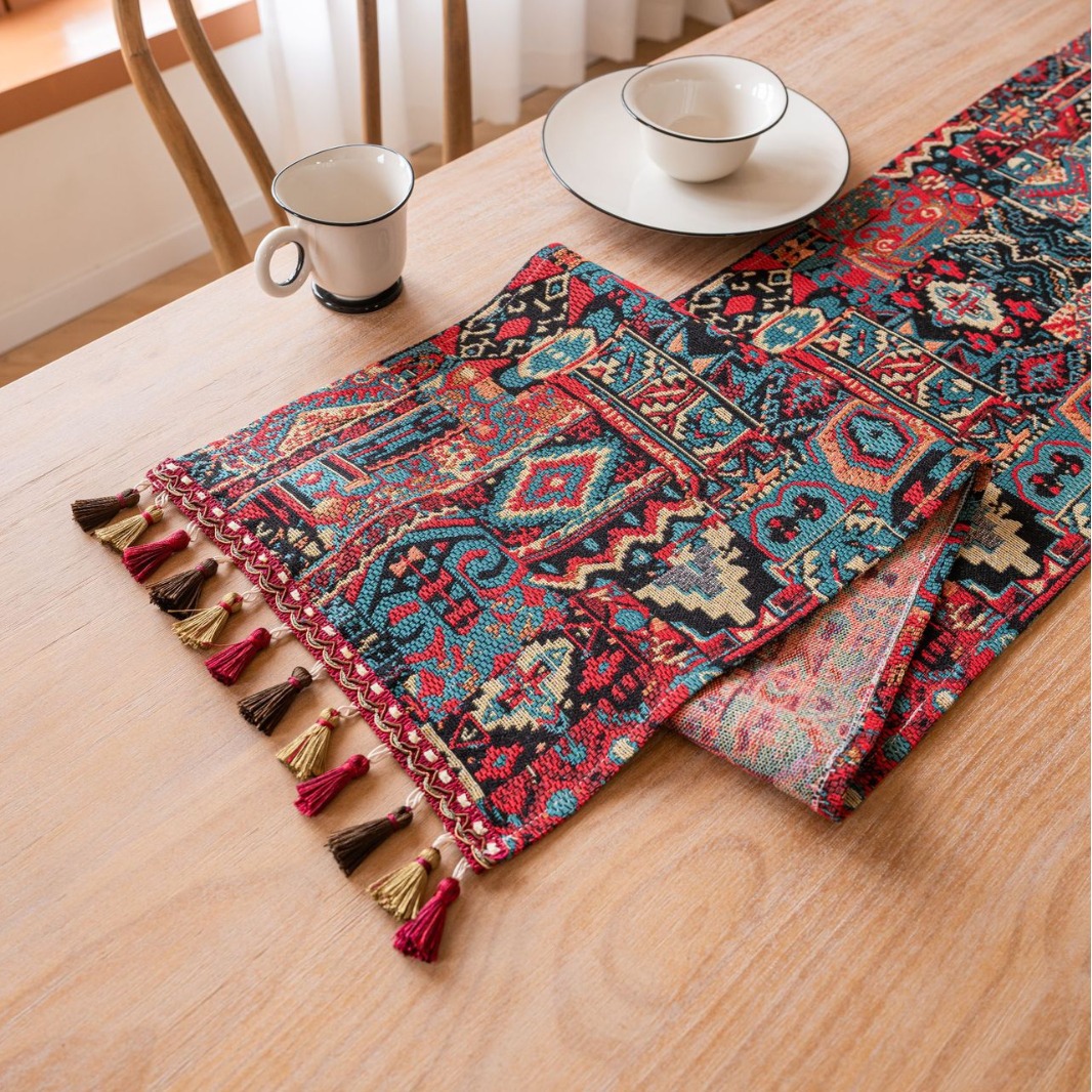 Table flags, jacquard, red festival geometric tassels, jacquard, tea flags, dining flags, long tablecloths, factory direct supply details Picture