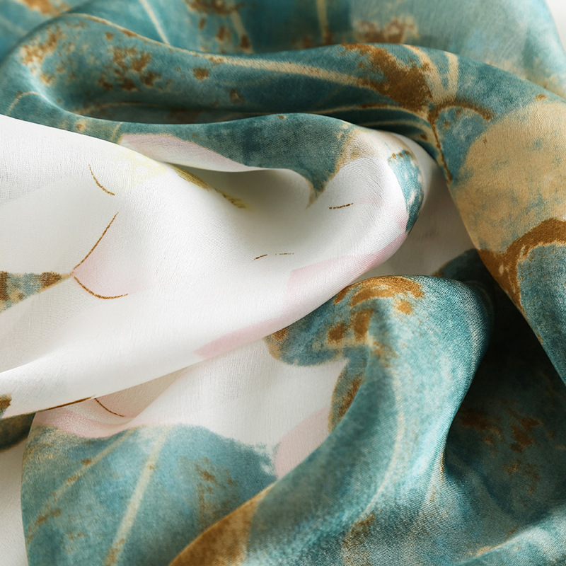 New spring and summer scarves and silk scarves for women, elegant and high-end lotus chair, printed faux silk shawl, sun-protective beach towel Specification image