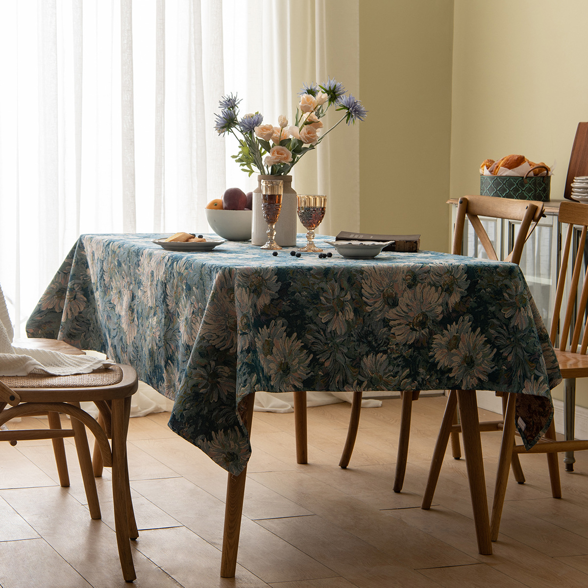 新款美式摩洛哥风格长方形复古餐桌布野餐提花台布民宿花卉餐细节图