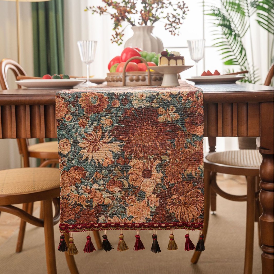 Table flag oil painting jacquard Monet to the sun tassel tea flag Dining flag long strip thickened factory direct supply Specification image