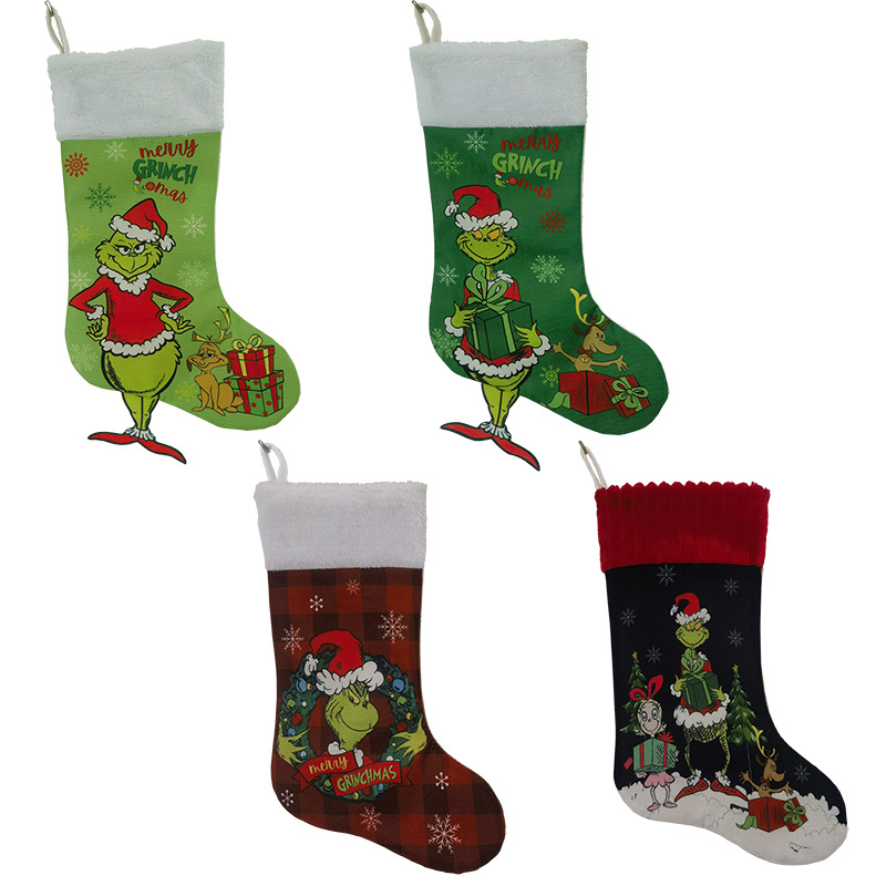 Christmas decorations: Grinch Christmas stockings, Green Monster candy bags, gift bags, Christmas tree skirts, chair covers, wine bottle covers Application Scenario