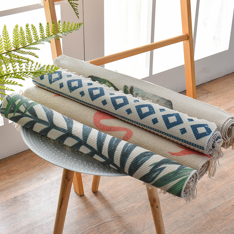 Cross-border Nordic ethnic style cotton and linen printed retro plain thin carpet study and bedroom floor mat, hand-woven details Picture
