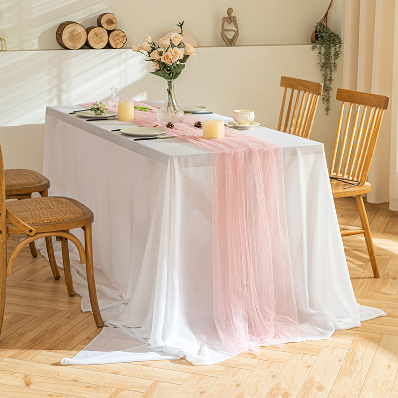 Romantic pearl gauze table flag, ins style, light luxury rectangular dining table and coffee table background decoration tablecloth, gauze table flag