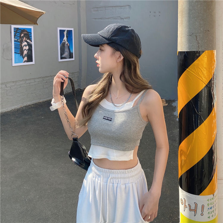 性感露脐假两件打底针织吊带背心女春夏无袖短款上衣内搭外穿详情18