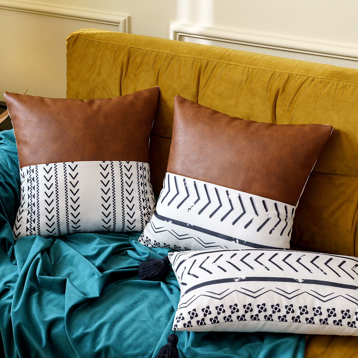 跨境摩洛哥几何线条流苏pu拼皮抱枕北欧美式靠垫靠背抱枕套