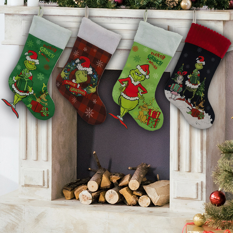 KR528 Set of Christmas Decorations, Grinch Christmas stockings, Christmas tree skirt, Green-Haired Monster Table Flag, Chair Set pad details Picture