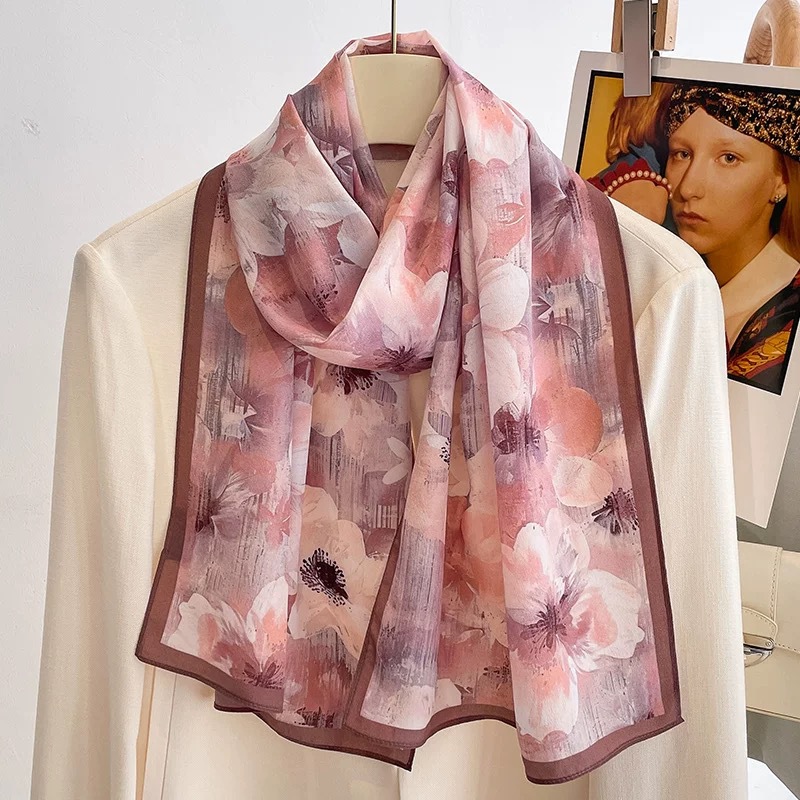 Oil painting long crepe 100% mulberry silk scarf, women's silk scarf shawl, French high-end style ribbon for mom Application Scenario