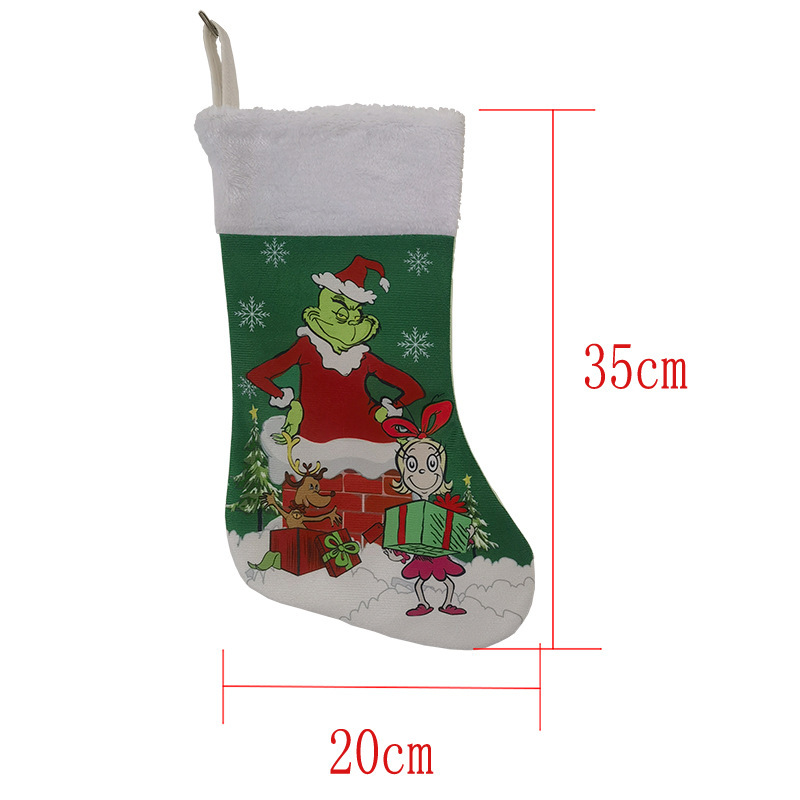 KR528 Set of Christmas Decorations, Grinch Christmas stockings, Christmas tree skirt, Green-Haired Monster Table Flag, Chair Set pad Item Picture