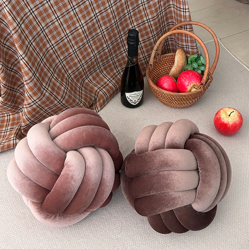 Nordic ins hand-woven three-strand rope velvet knotted ball throw pillow, three-strand rope round cushion, bay window pad
