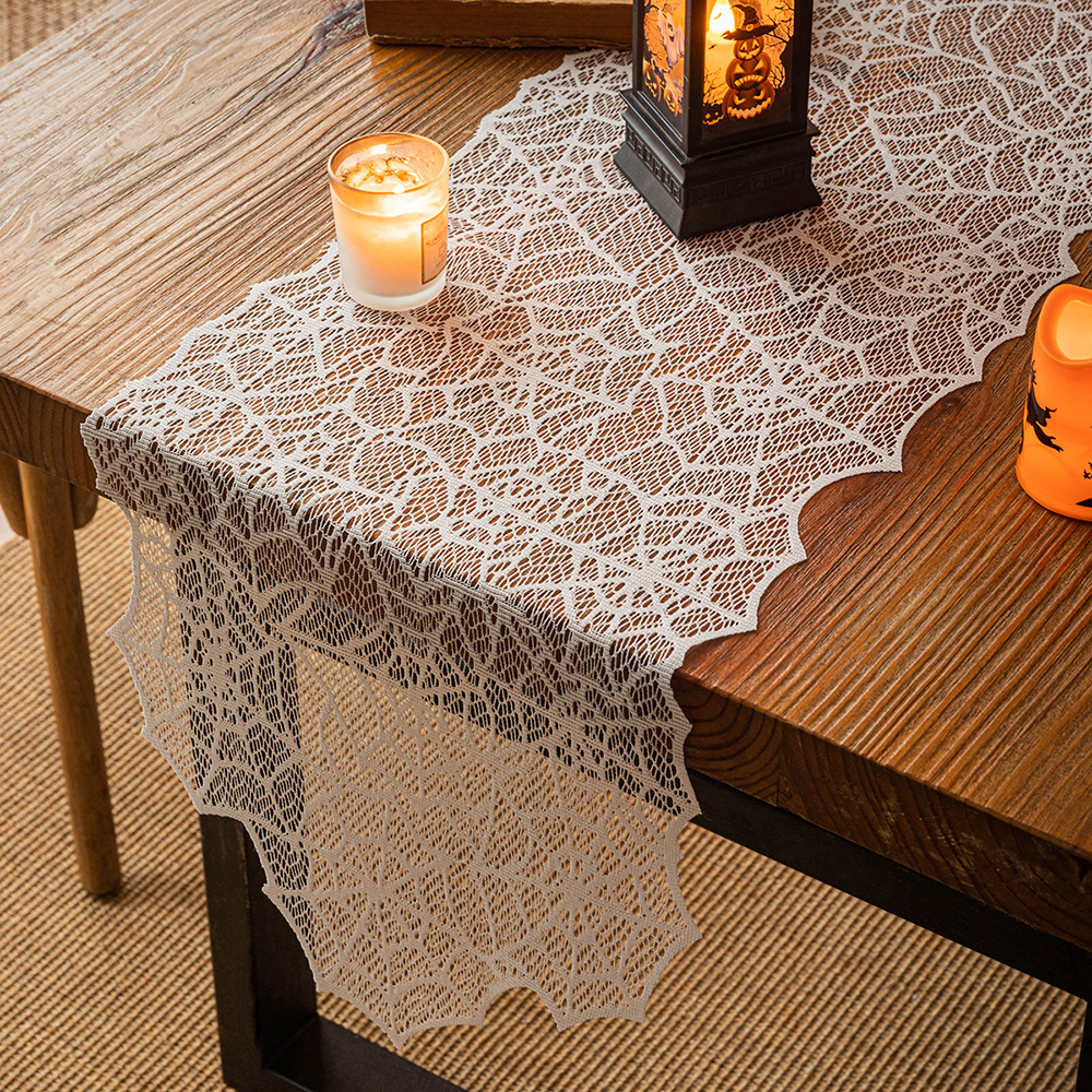 Halloween lace black table flag, spider web, Ghost Festival party decoration tablecloth, American coffee table, long cover towel Item Picture