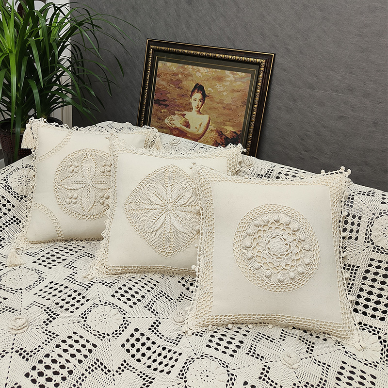 Handcrafted crocheted cotton thread woven hollowed-out beige retro living room sofa cushions at No. 5 Flower Street Specification image