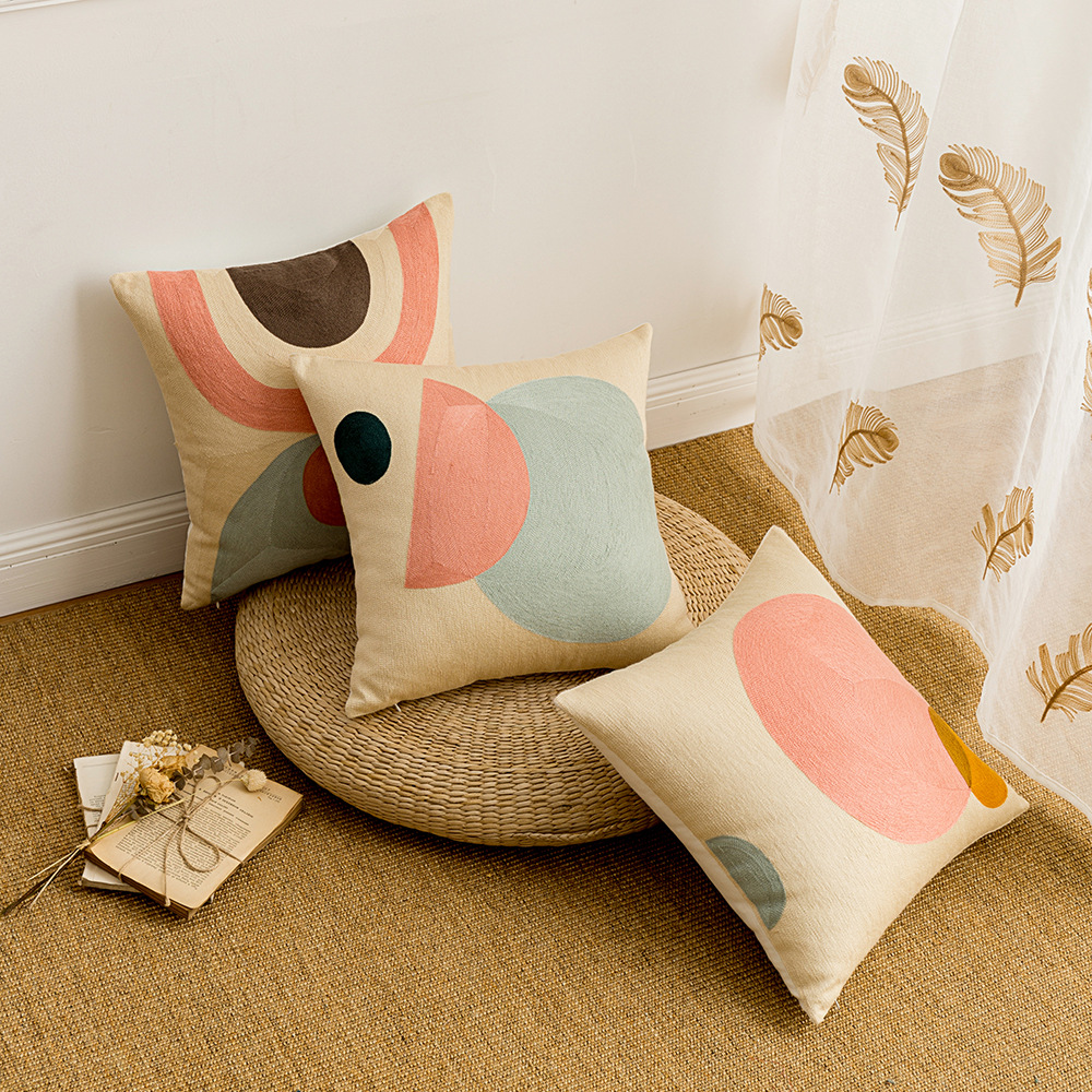 北欧风立体几何半圆刺绣抱枕ins 棉帆布绣花露台沙发靠垫 座椅