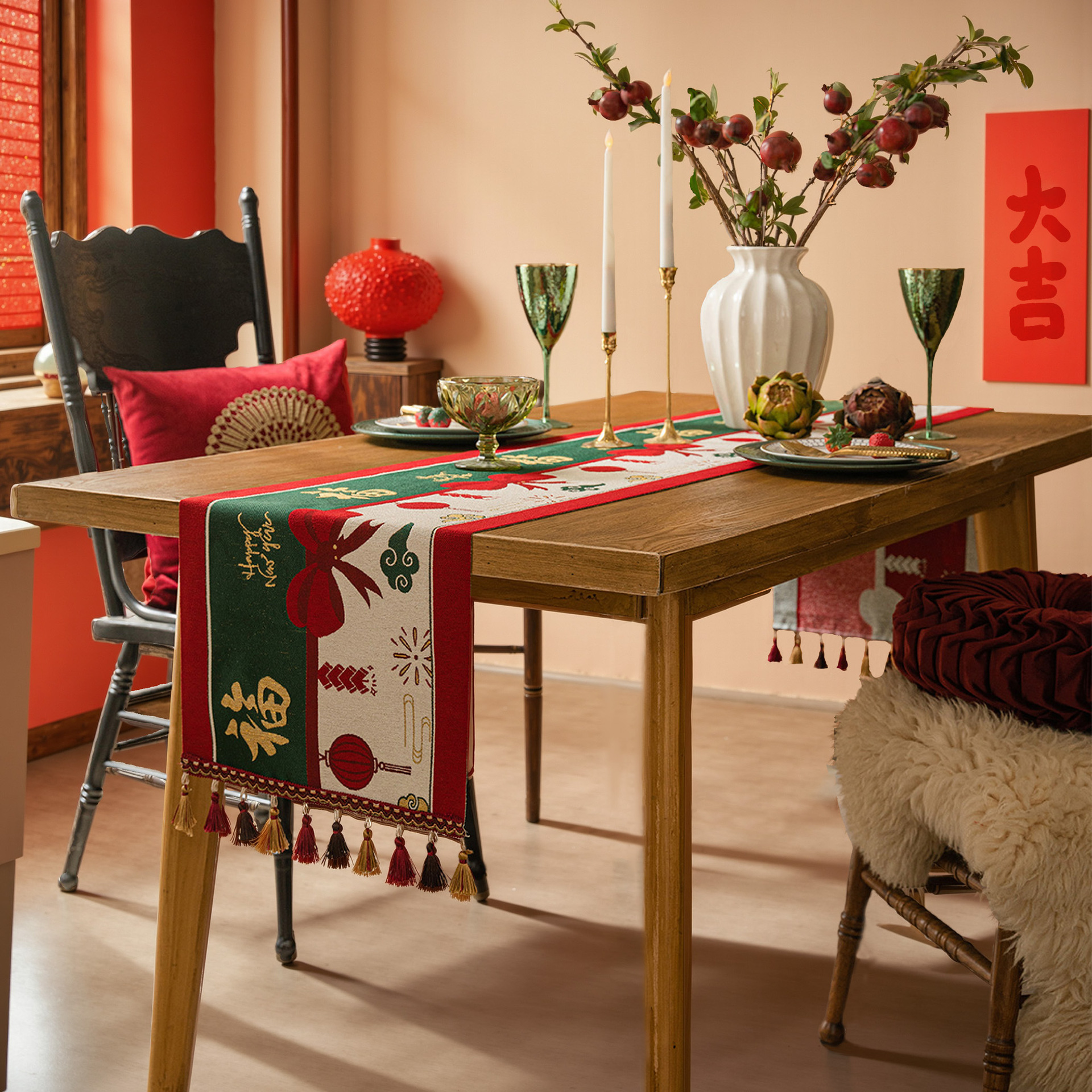 Bai Fu table flag jacquard red New Year color-blocking Spring Festival dining table fabric New Year coffee table bed flag