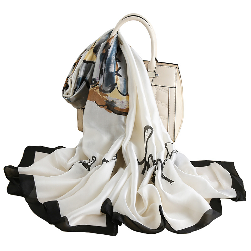 New spring and summer scarves and silk scarves for women, elegant and high-end lotus chair, printed faux silk shawl, sun-protective beach towel Application Scenario