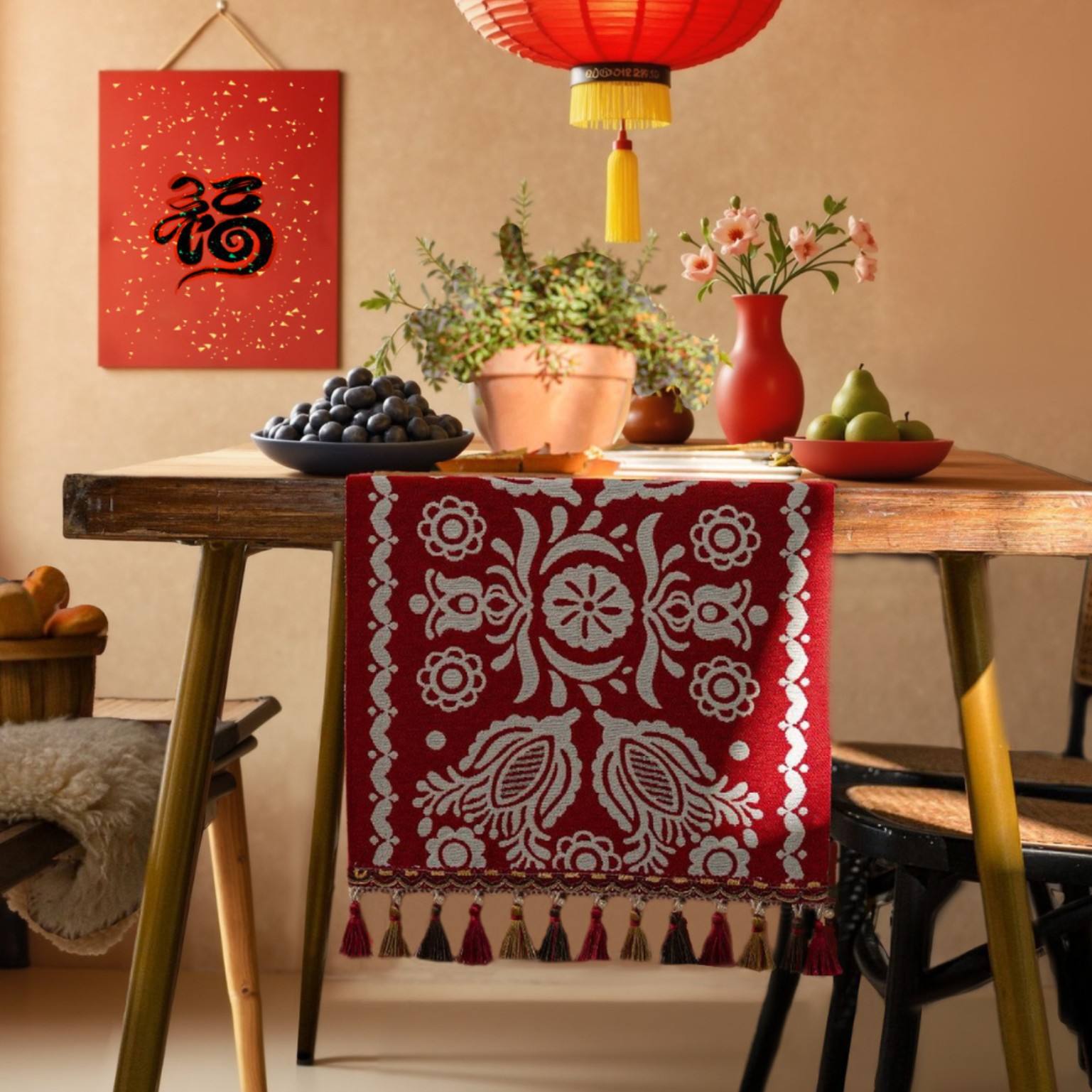 Bai Fu table flag jacquard red New Year color-blocking Spring Festival dining table fabric New Year coffee table bed flag Specification image