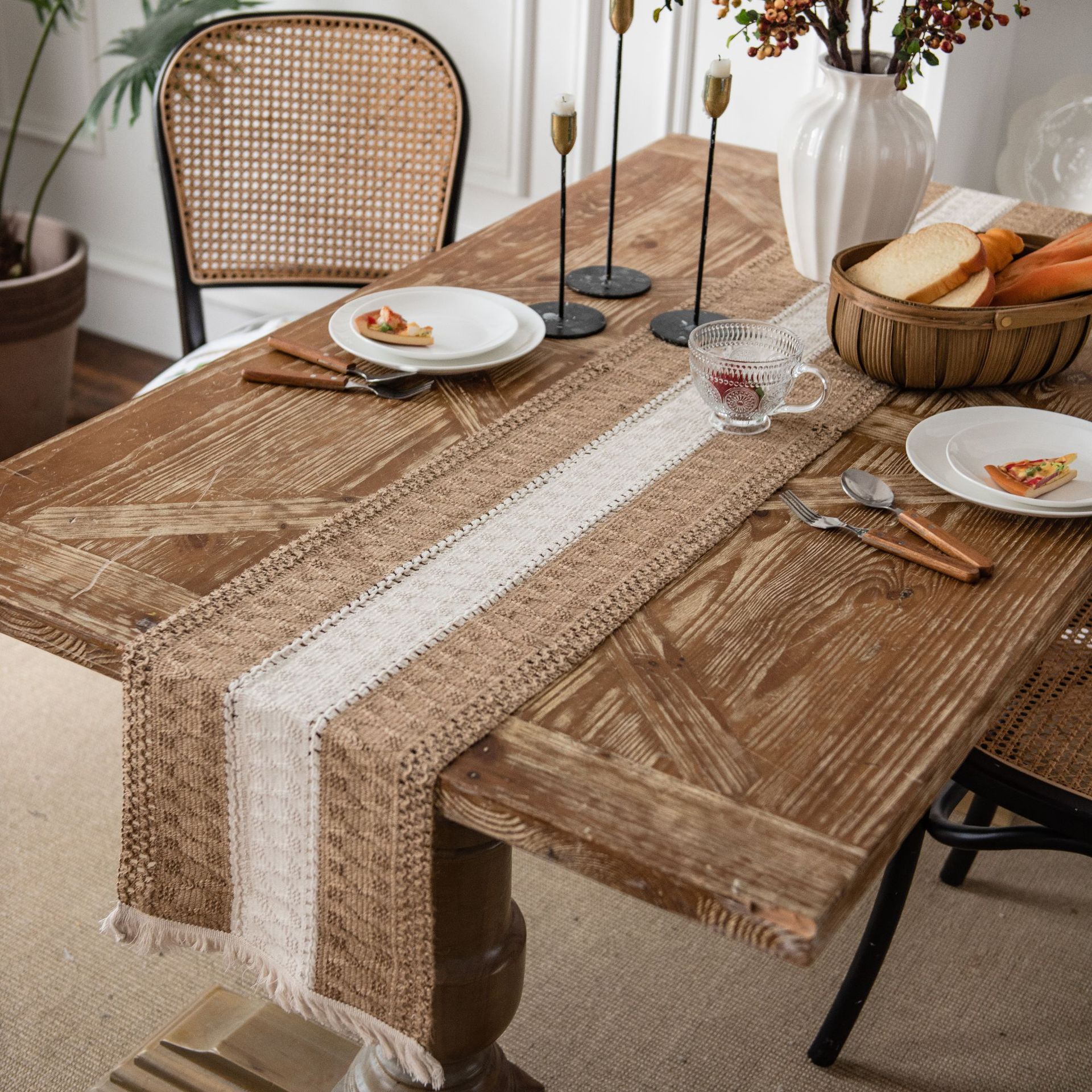 Table flag, cotton and linen striped patchwork, two-color woven tassels, natural material, American-style festival, factory direct supply Item Picture