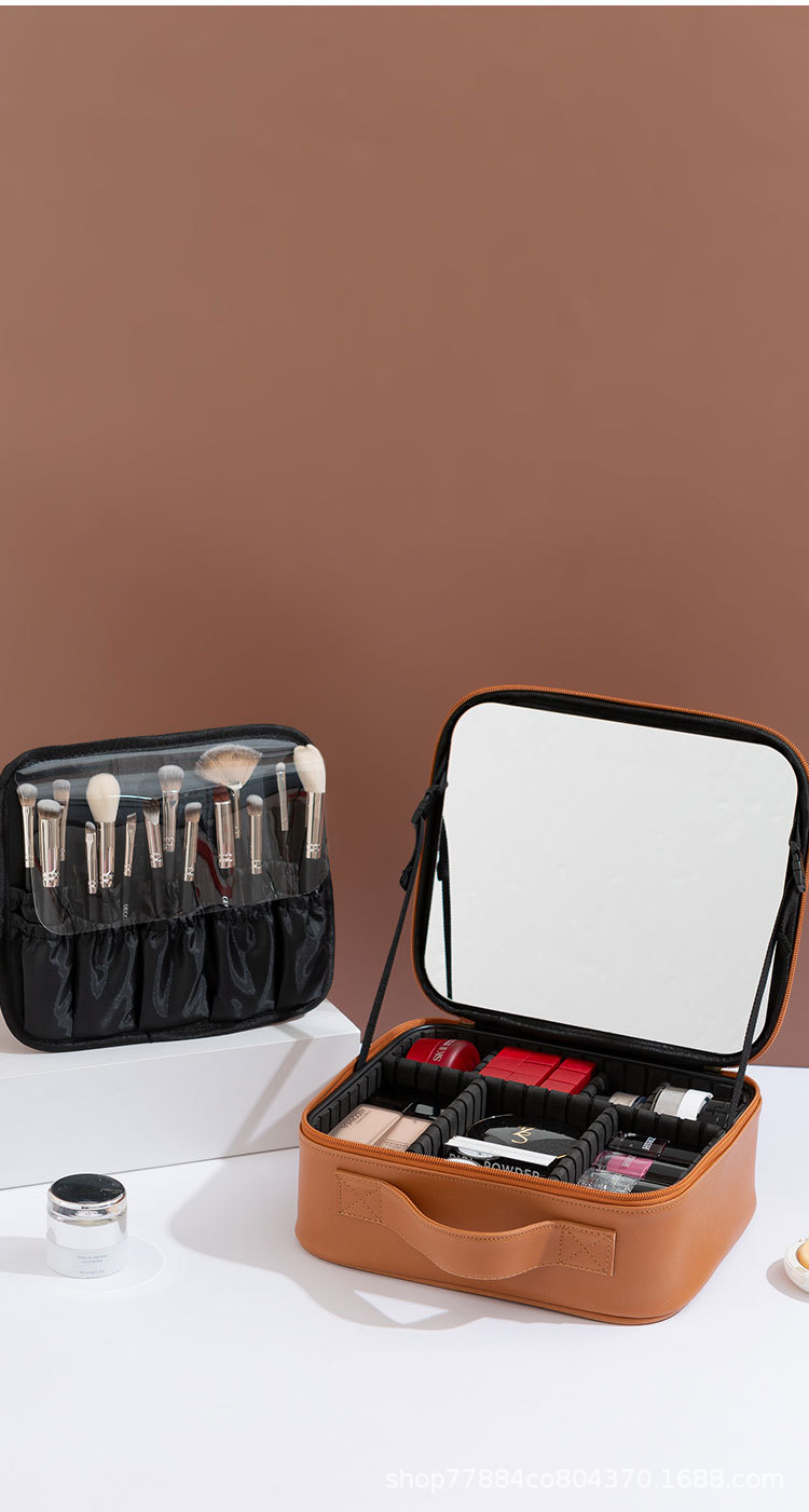新款皮质化妆包大容量全屏大镜子便携化妆品收纳盒化妆箱旅行包详情15