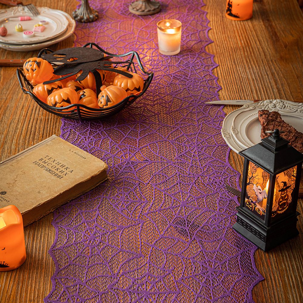 Halloween lace black table flag, spider web, Ghost Festival party decoration tablecloth, American coffee table, long cover towel details Picture