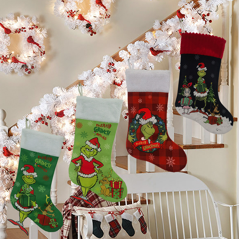 Christmas decorations: Grinch Christmas stockings, Green Monster candy bags, gift bags, Christmas tree skirts, chair covers, wine bottle covers