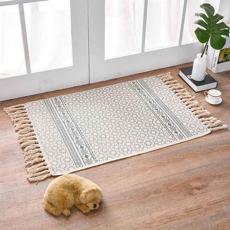 Cross-border Nordic ethnic style cotton and linen printed retro plain thin carpet study and bedroom floor mat, hand-woven Item Picture