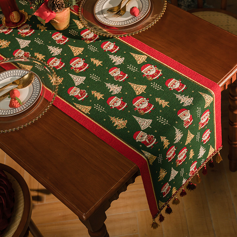 New Christmas-colored jacquard table flag, American retro Christmas dining room decoration, tassel cover, sideboard, bed tail flag Specification image