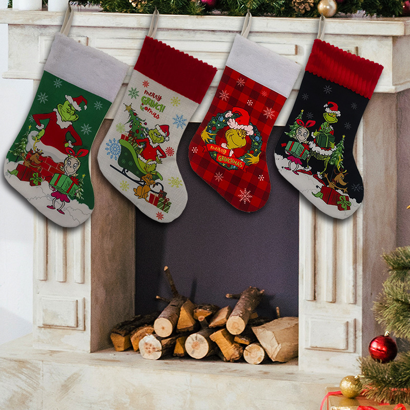 Christmas decorations: Grinch Christmas stockings, Green Monster candy bags, gift bags, Christmas tree skirts, chair covers, wine bottle covers details Picture