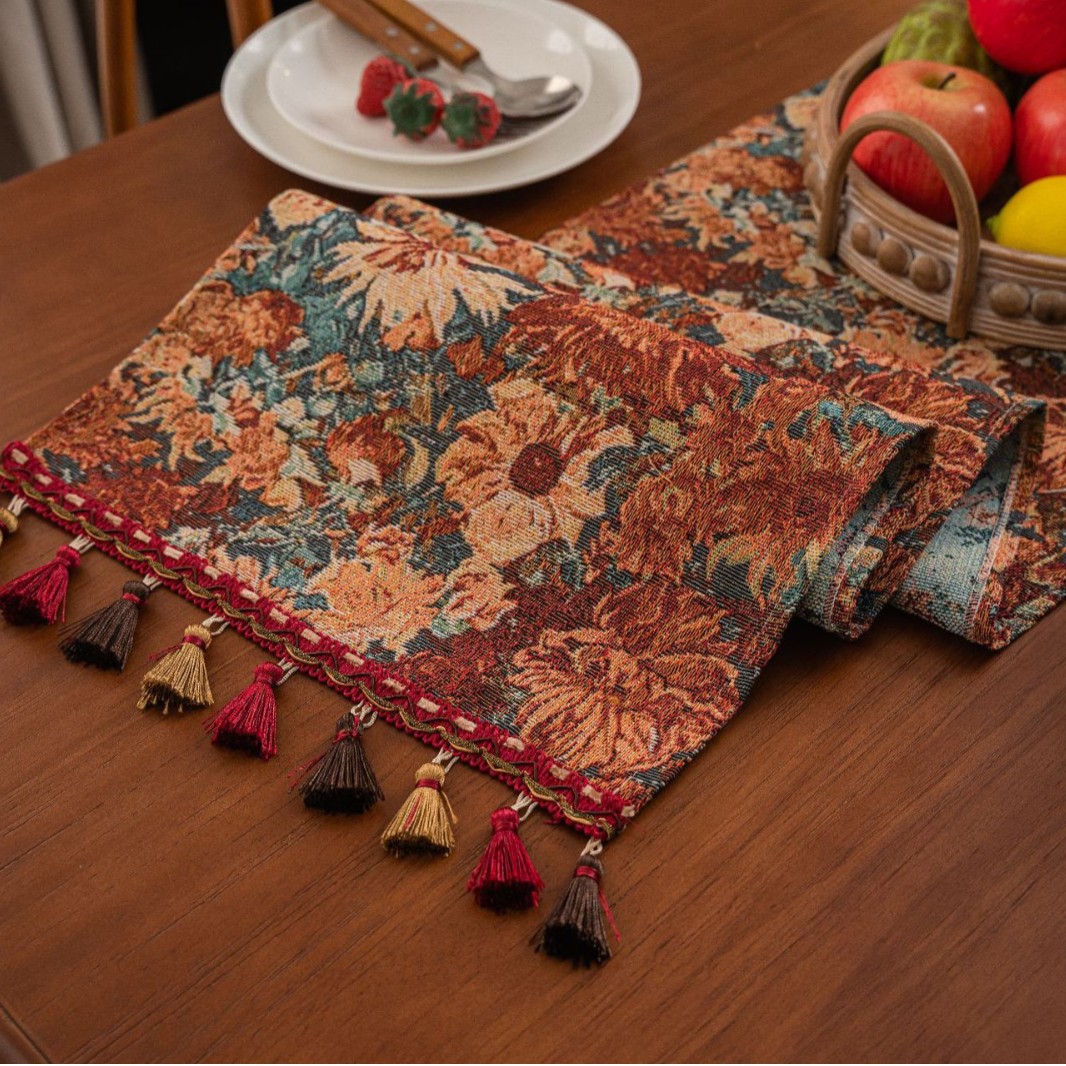 Table flag oil painting jacquard Monet to the sun tassel tea flag Dining flag long strip thickened factory direct supply