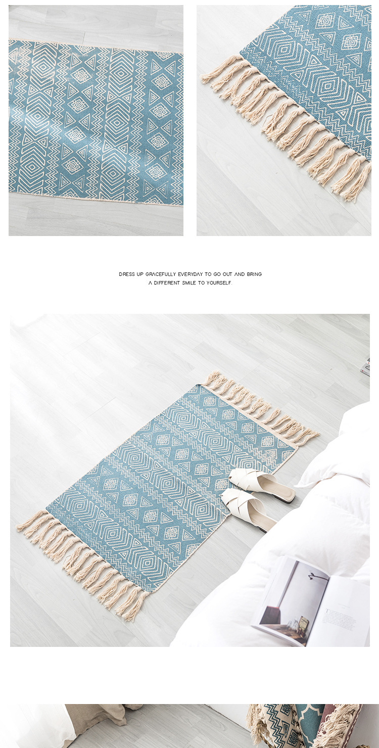 Cross-border Nordic ethnic style cotton and linen printed retro plain thin carpet study and bedroom floor mat, hand-woven pic 25
