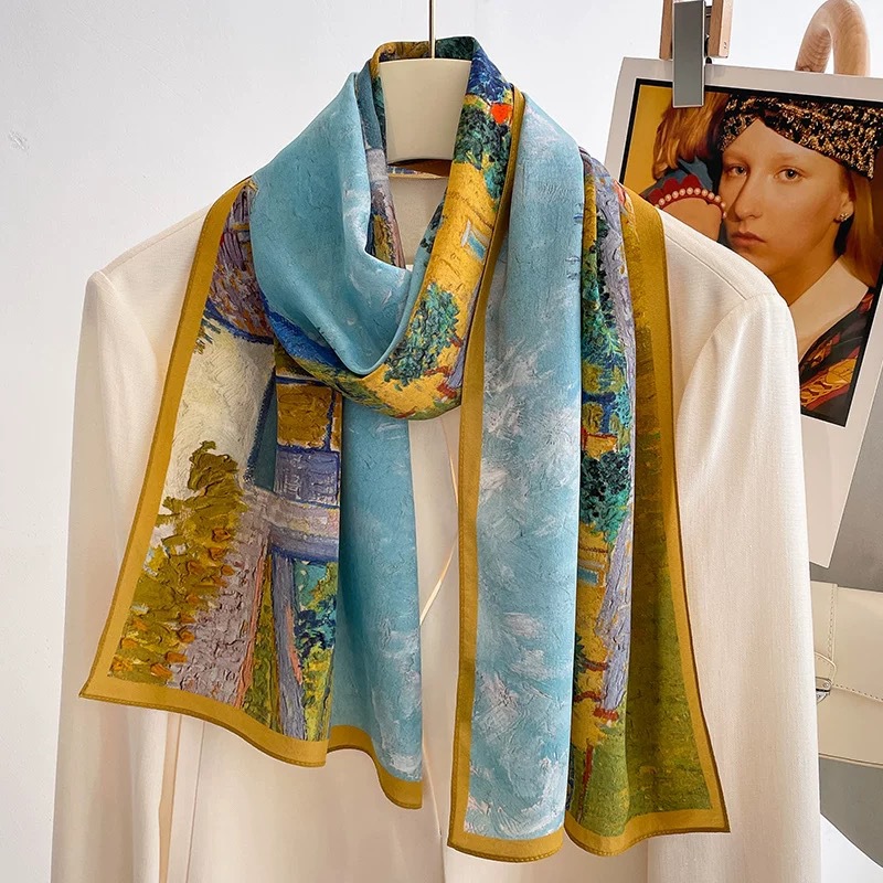 Oil painting long crepe 100% mulberry silk scarf, women's silk scarf shawl, French high-end style ribbon for mom Item Picture