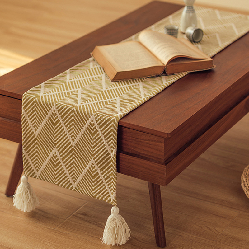 Cotton and linen TV cabinet, coffee table cover cloth, Japanese long table flag, furniture dust cover cloth, four-corner tassel decorative cloth details Picture