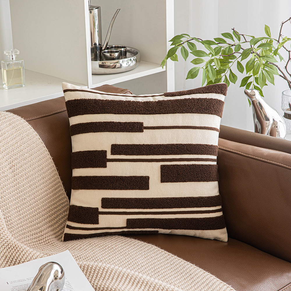 Ins-style geometric embroidery throw pillow, Maillard color sofa cushion cover, modern and simple knitted back pillow, waist pillow Item Picture