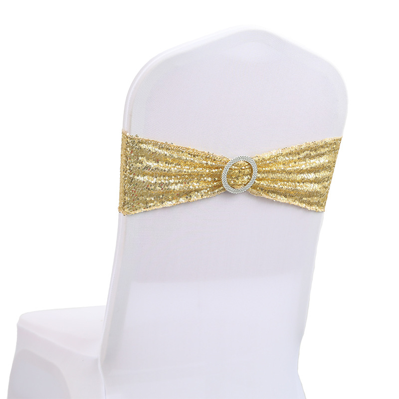 Factory direct supply of ins hotel wedding decoration wholesale spandex chair covers, bow chair backs, flower elastic sequin straps Item Picture