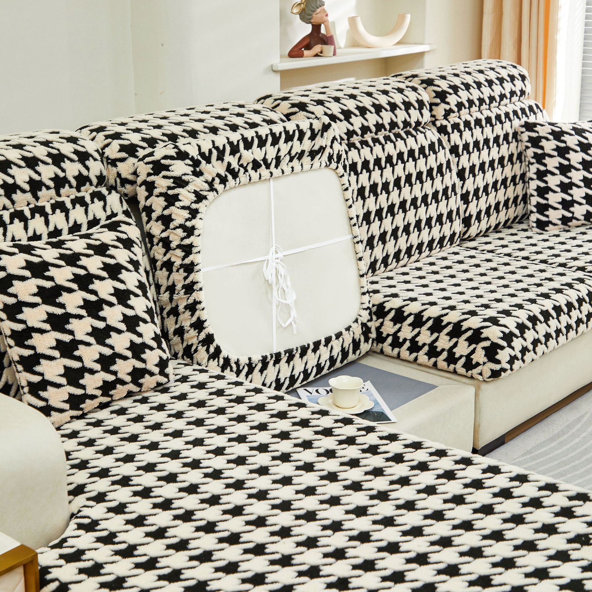 新款千鸟格高弹立体沙发笠 亲肤舒棉可组合沙发坐垫套隔脏沙发罩