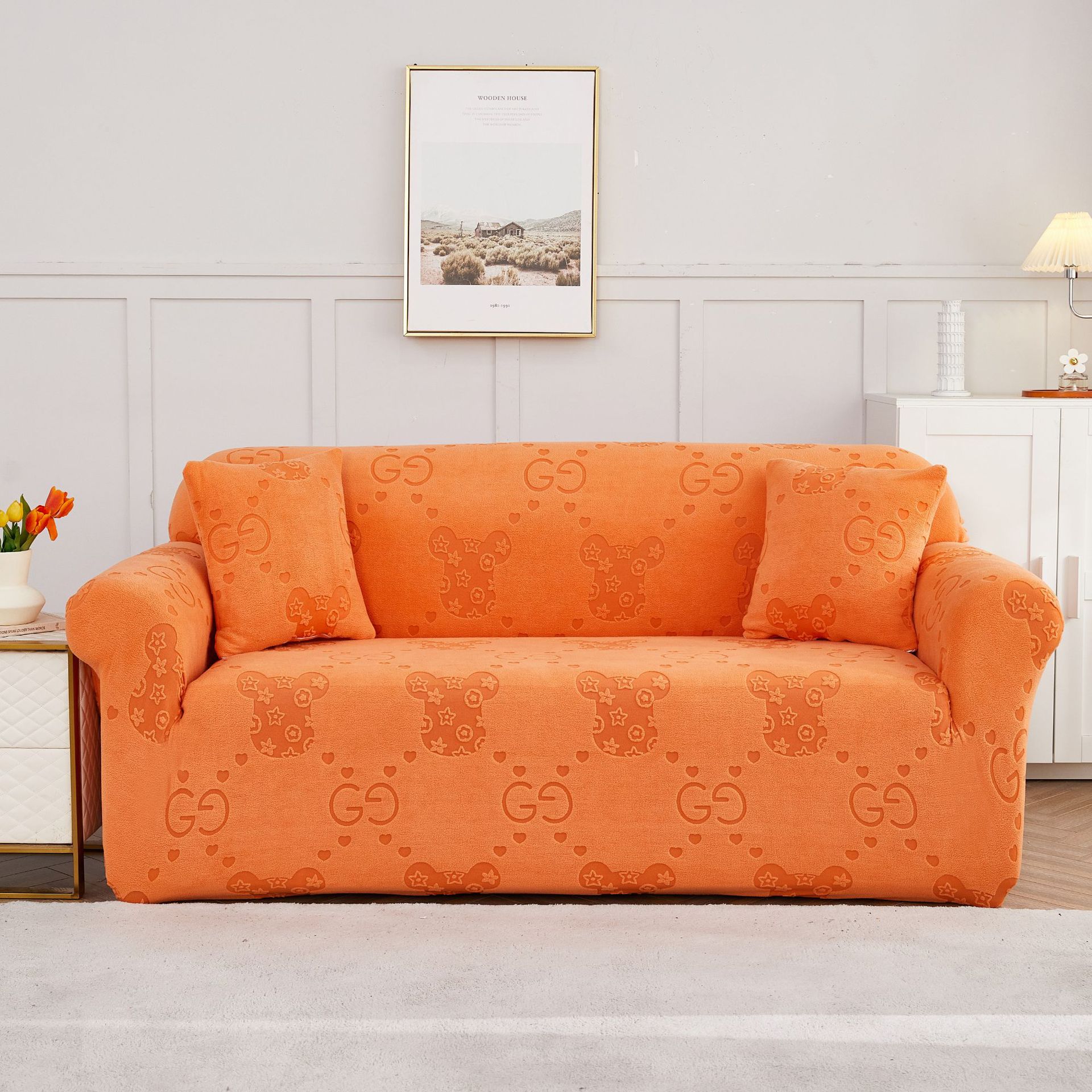 Cross-border Amazon jacquard fleece Cool Bear three-dimensional sofa cover, anti-slip single and double person combination full package elastic sofa cover Item Picture