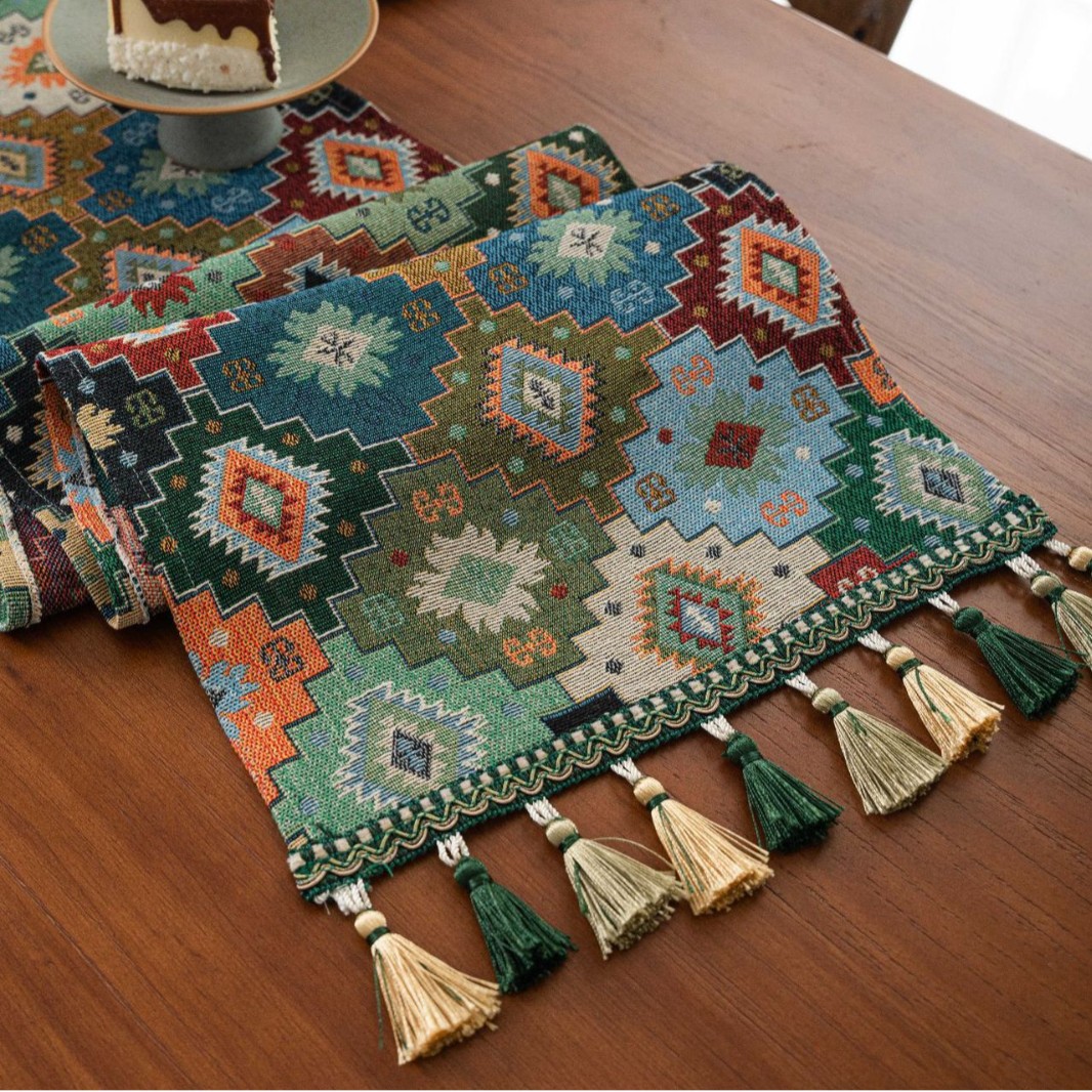 Yimanqi Yun table flags, retro colored jacquard diamond-shaped geometric tassels, tea flags and dining flags, long and thickened, factory direct supply