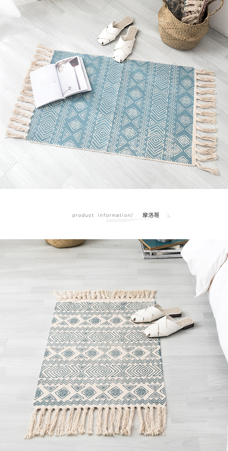 Cross-border Nordic ethnic style cotton and linen printed retro plain thin carpet study and bedroom floor mat, hand-woven pic 26