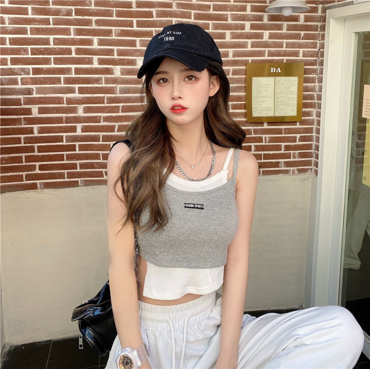 性感露脐假两件打底针织吊带背心女春夏无袖短款上衣内搭外穿详情20