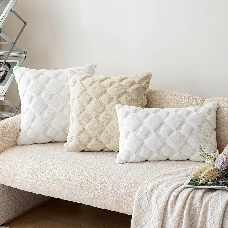 New embroidered wool geometric square throw pillow, quilted rabbit fur imitation modern and simple style cushion, embroidered home cushion cover