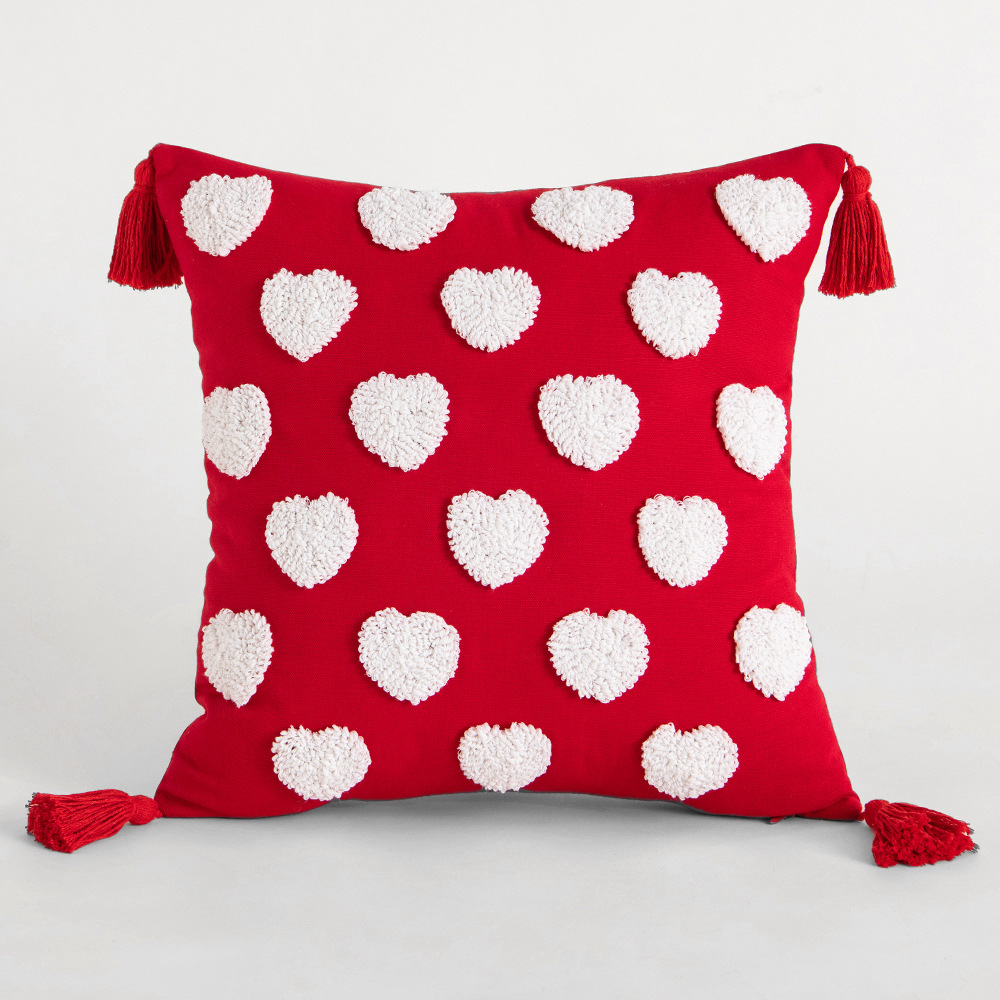 Embroidered heart-shaped, cute tufted tassels, geometric wedding characters, pillow cover and cushion Item Picture