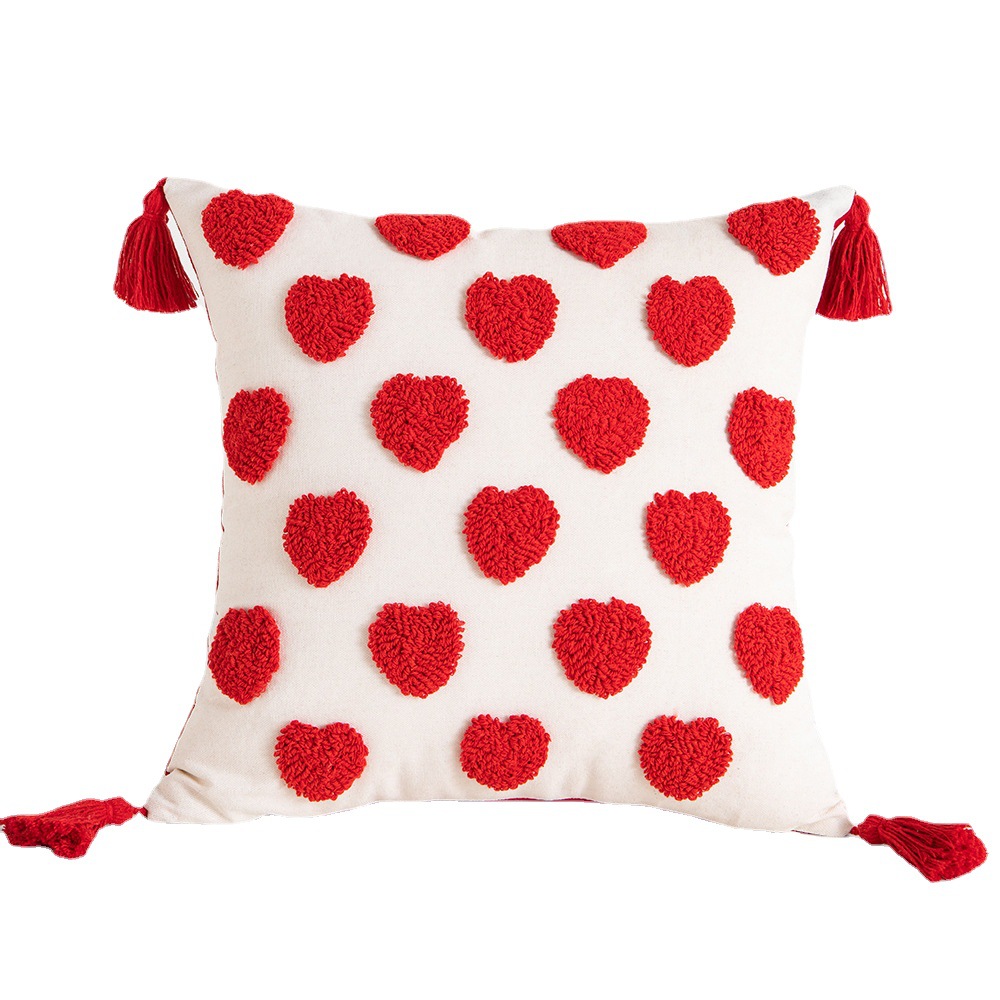Embroidered heart-shaped, cute tufted tassels, geometric wedding characters, pillow cover and cushion Application Scenario