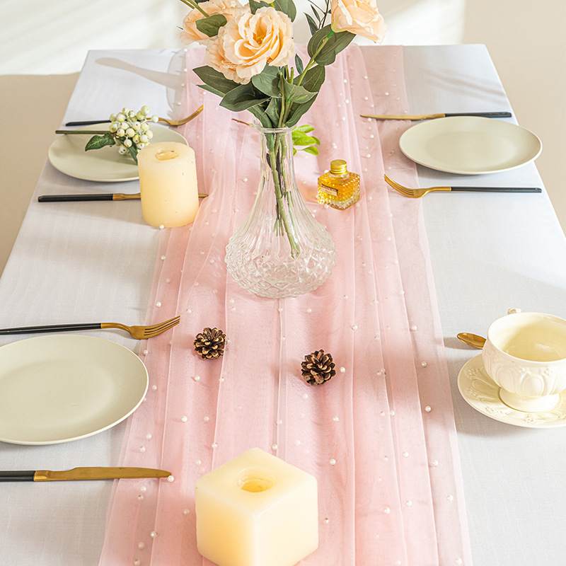 Romantic pearl gauze table flag, ins style, light luxury rectangular dining table and coffee table background decoration tablecloth, gauze table flag details Picture