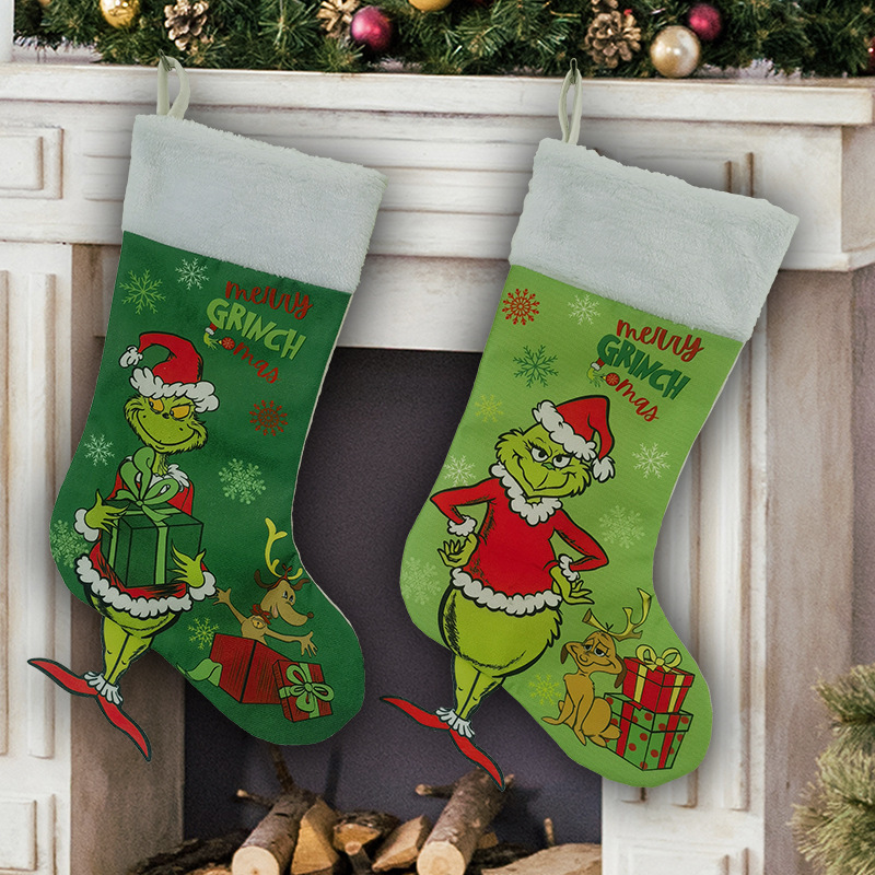 KR528 Set of Christmas Decorations, Grinch Christmas stockings, Christmas tree skirt, Green-Haired Monster Table Flag, Chair Set pad