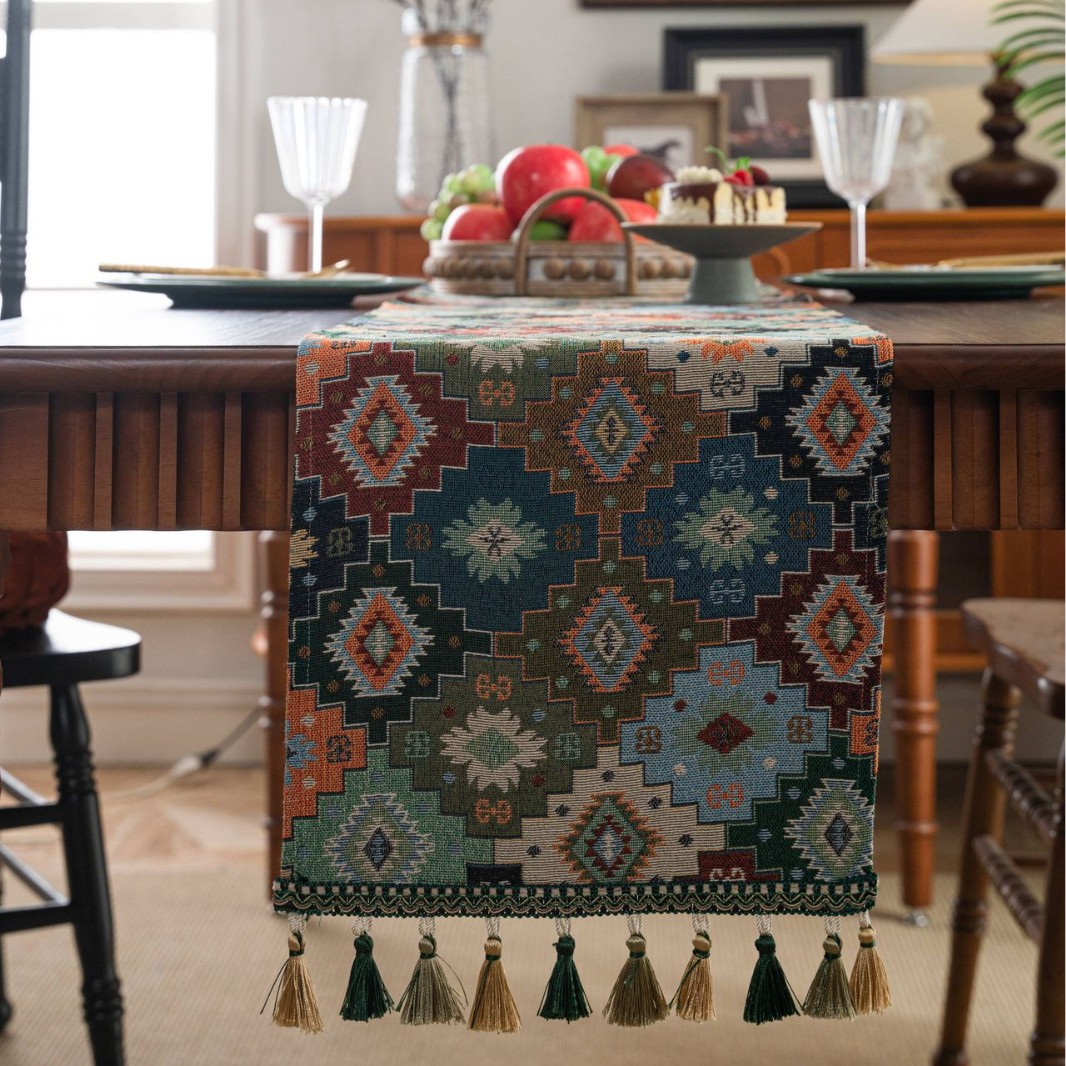 Yimanqi Yun table flags, retro colored jacquard diamond-shaped geometric tassels, tea flags and dining flags, long and thickened, factory direct supply Specification image
