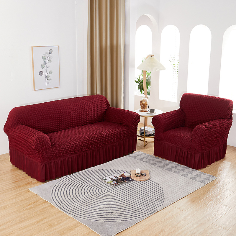 Customized cross-border solid color bubble yarn popcorn sofa cover for living room combination anti-slip elastic sofa dust cover details Picture